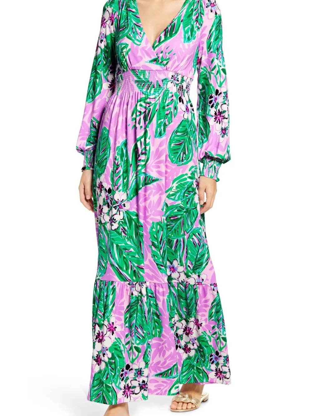 Lilly Pulitzer Pink Maxi Dress with Green Tropical Leaf Print